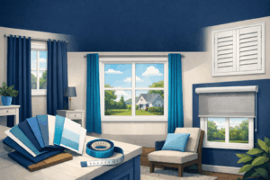 Custom window treatment consultation with fabric samples, measuring tools, and installed shades in a coastal home