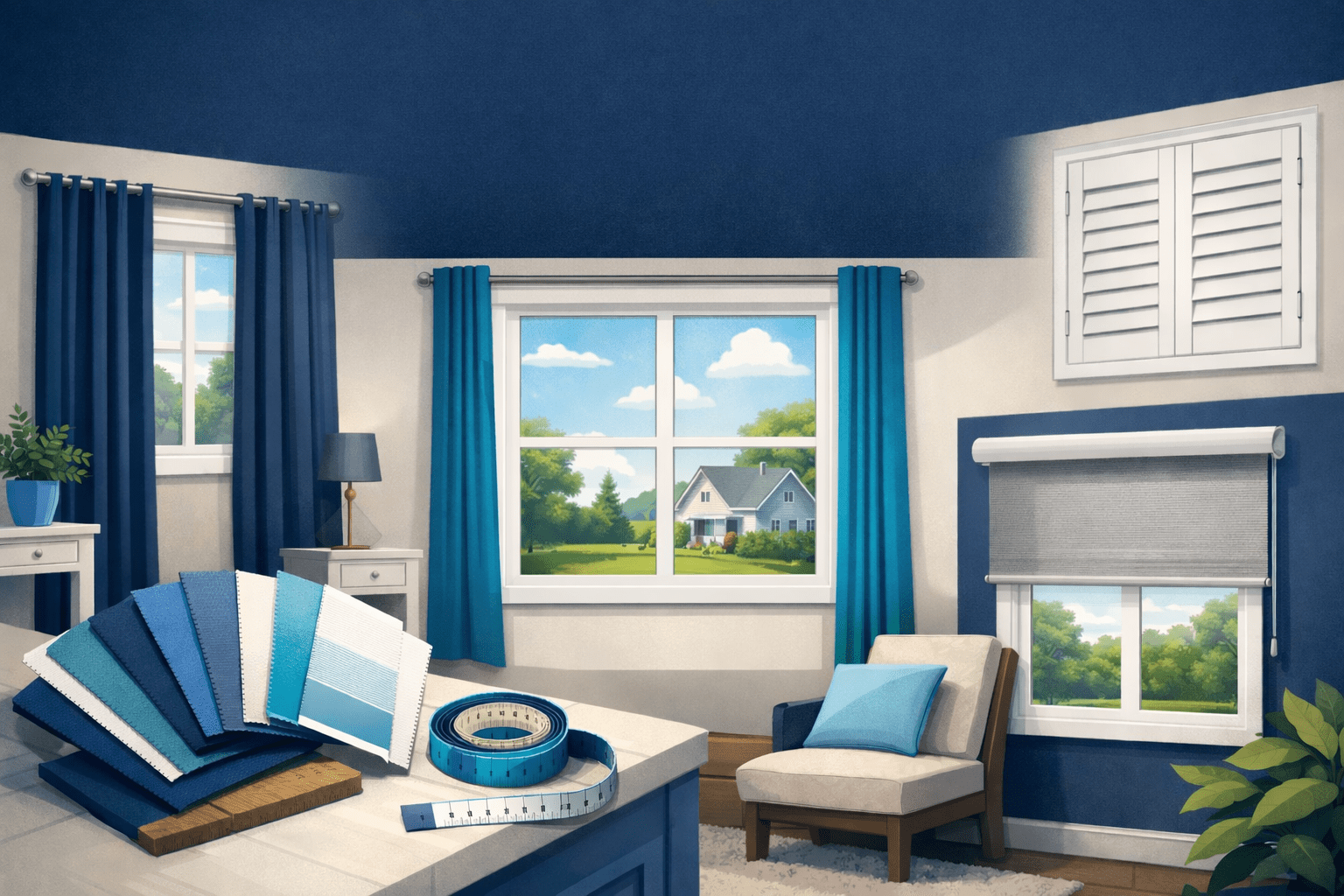 A Homeowner’s Guide to Choosing the Right Window Treatments Custom window treatment consultation with fabric samples, measuring tools, and installed shades in a coastal home