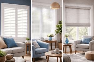 Custom shutters, blinds, and shades installed in a modern coastal living room in Orange Beach, Alabama