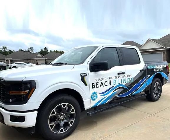Beach Blinds service truck providing blinds, shades, shutters and drapery installation in Alabama