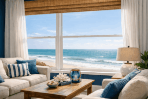 Beachfront living room with custom woven shades and sheer curtains overlooking the ocean in Orange Beach, Alabama