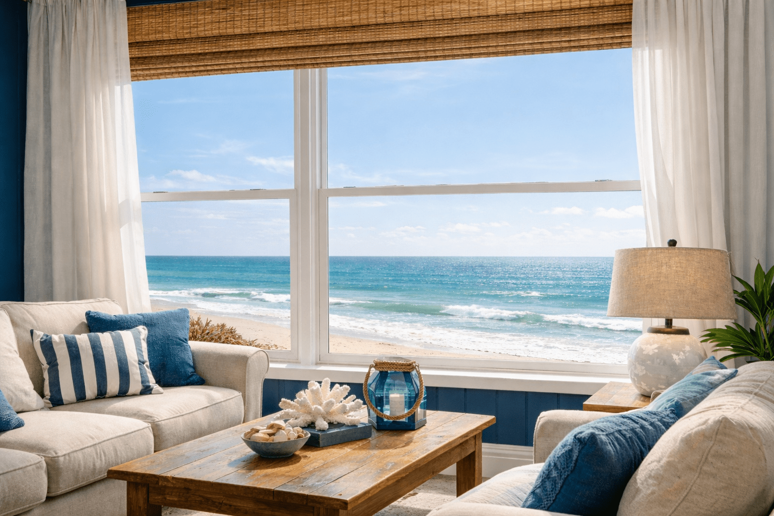 Why Window Treatments Matter More Than You Think in Coastal Homes… Beachfront living room with custom woven shades and sheer curtains overlooking the ocean in Orange Beach, Alabama